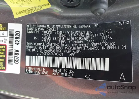 2013 Toyota Sienna Xle V6 8 Passenger из США, поврежденный, VIN 5TDYK3DC4DS306401